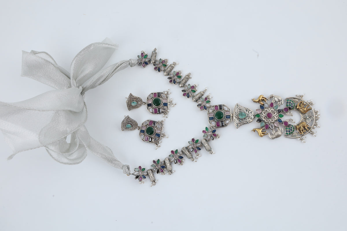 Multicolour Temple Jewellery Necklace Set with Matching Earrings