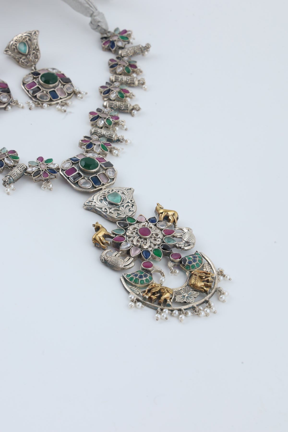 Multicolour Temple Jewellery Necklace Set with Matching Earrings