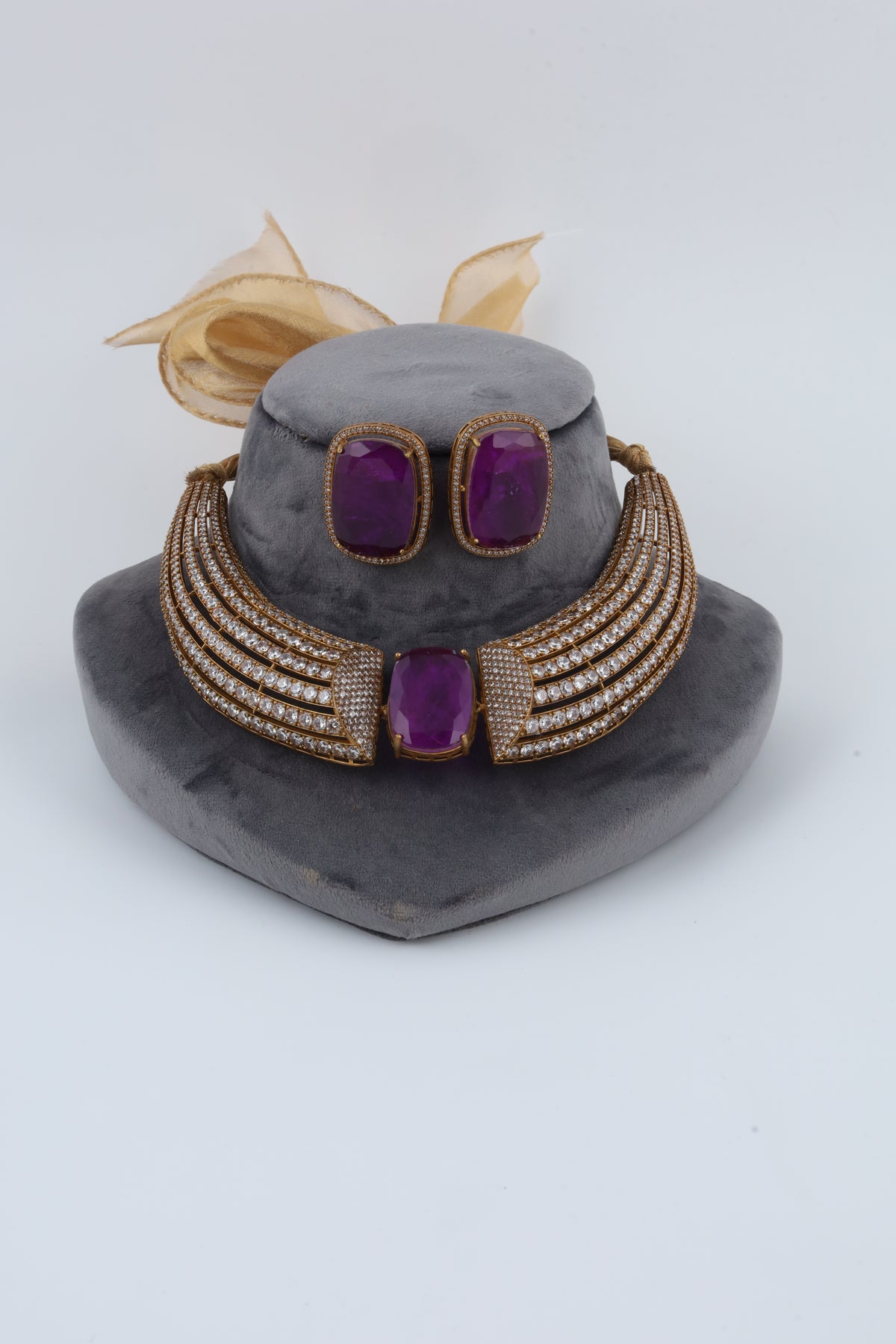 Purple Crystal Statement Necklace Set with Matching Earrings