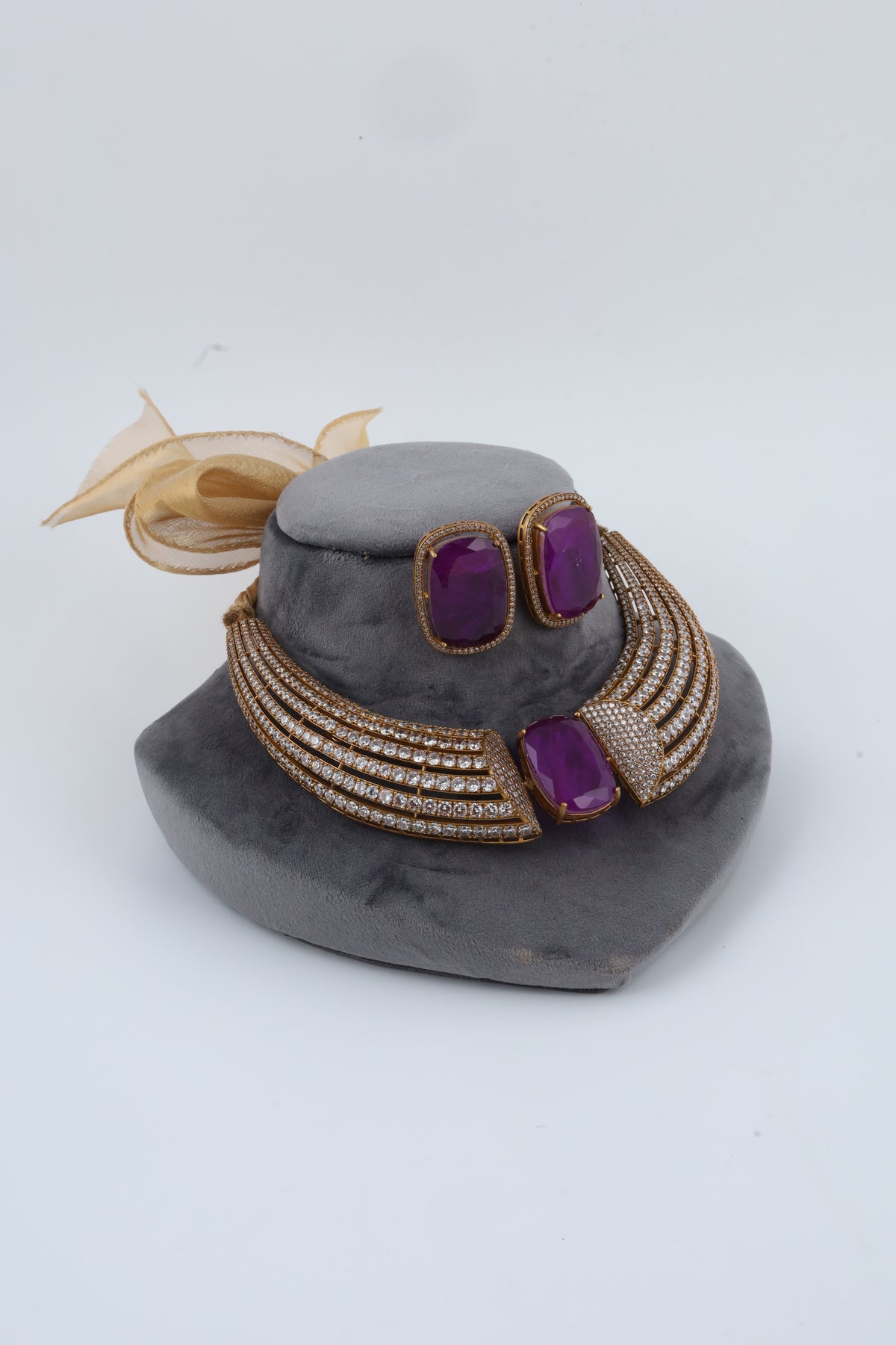 Purple Crystal Statement Necklace Set with Matching Earrings