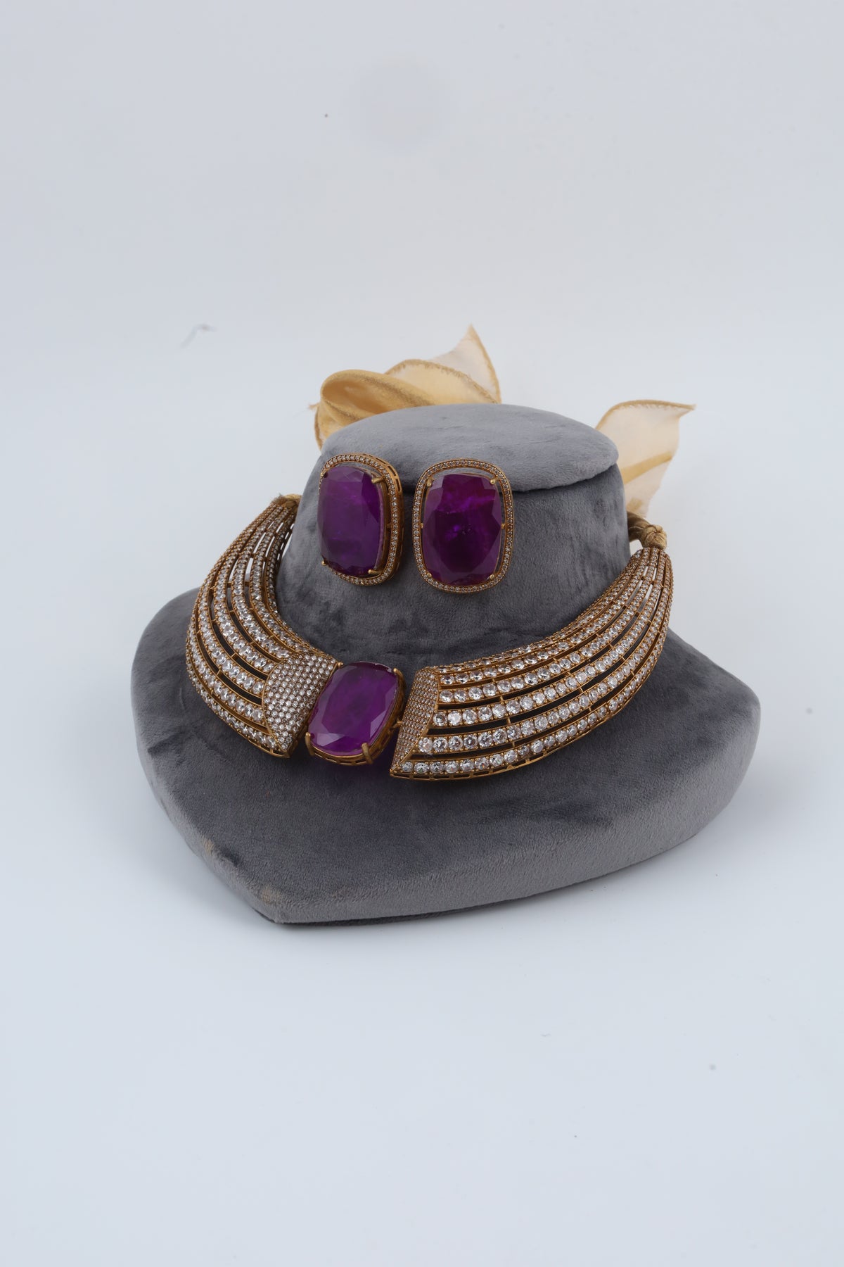 Purple Crystal Statement Necklace Set with Matching Earrings