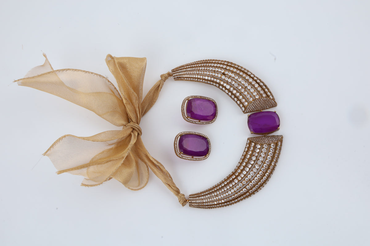 Purple Crystal Statement Necklace Set with Matching Earrings