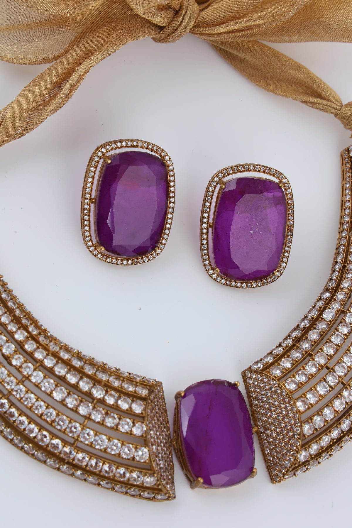 Purple Crystal Statement Necklace Set with Matching Earrings