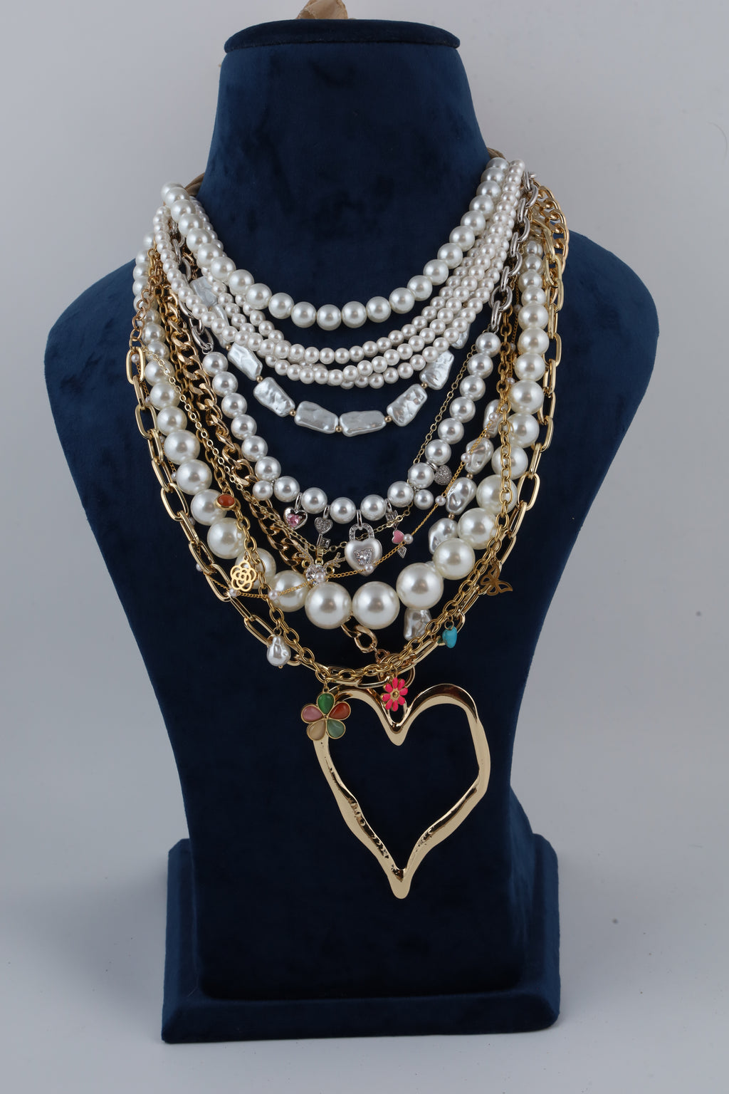 Multilayer Pearl Statement Necklace with Heart Pendant