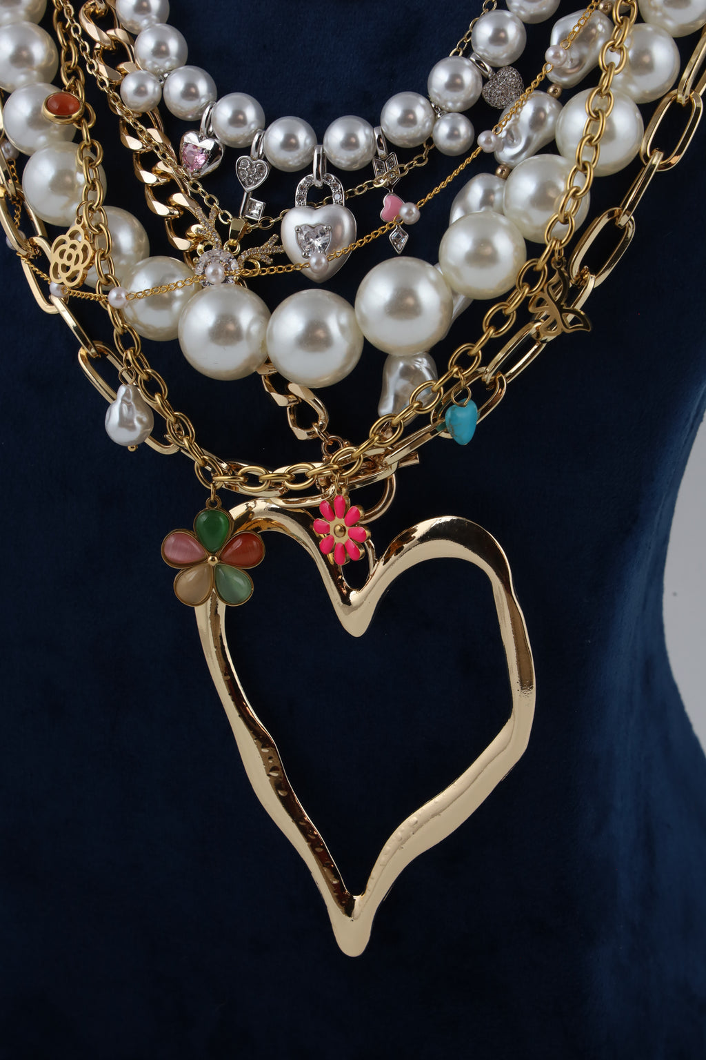 Multilayer Pearl Statement Necklace with Heart Pendant