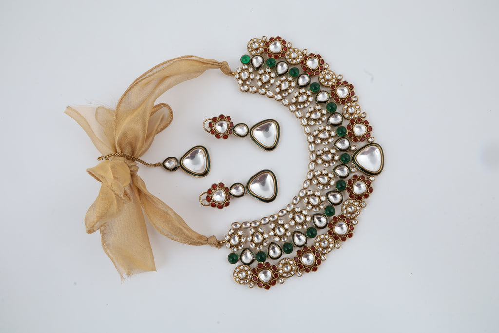 Multicolour Kundan Pearl Choker Necklace Set with Matching Earrings