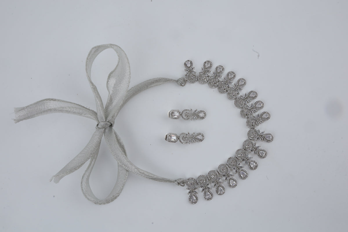 Silver-Tone Crystal Choker Necklace Set with Matching Earrings