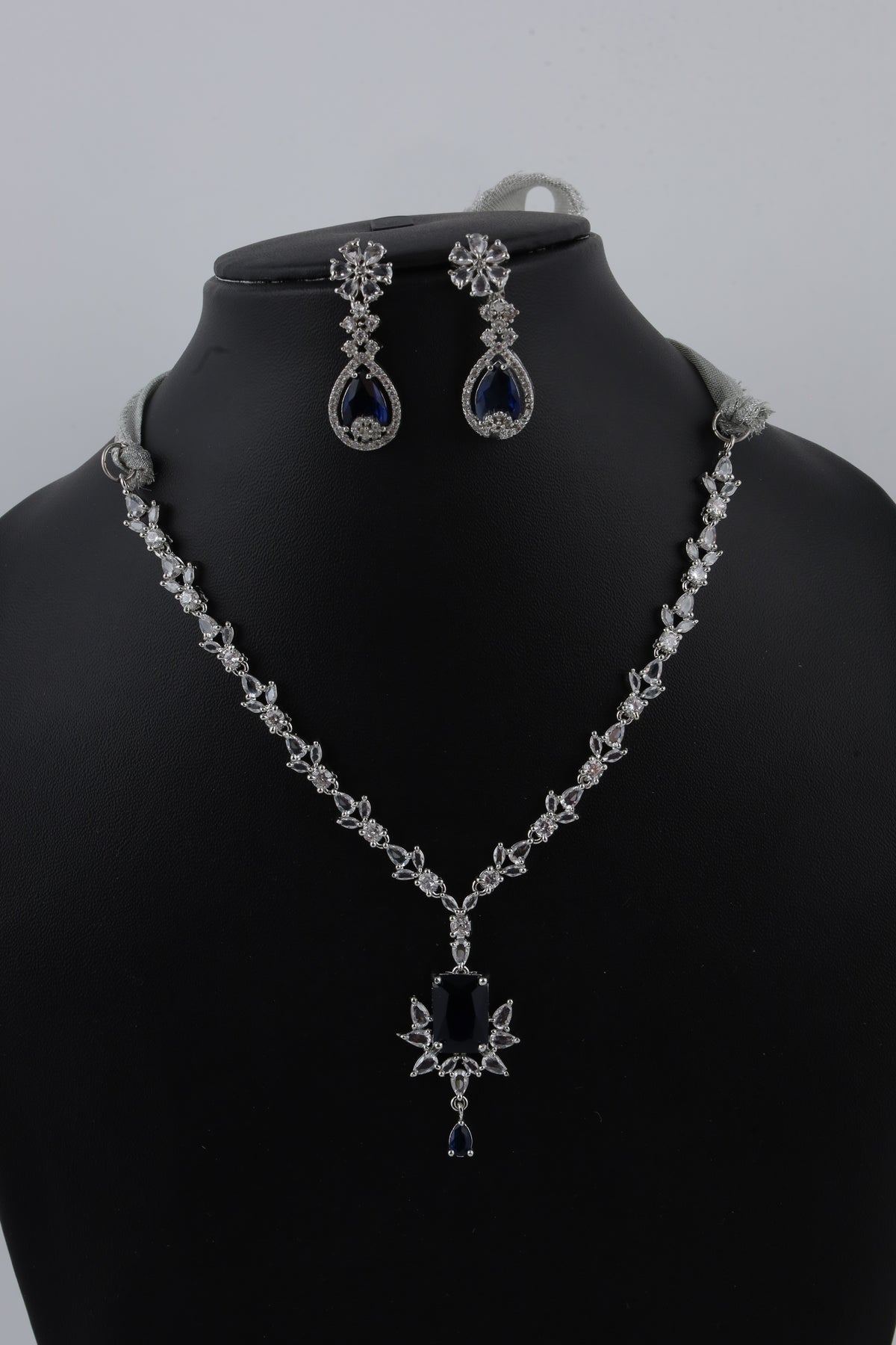 Blue Crystal Silver-Tone Necklace Set with Matching Drop Earrings