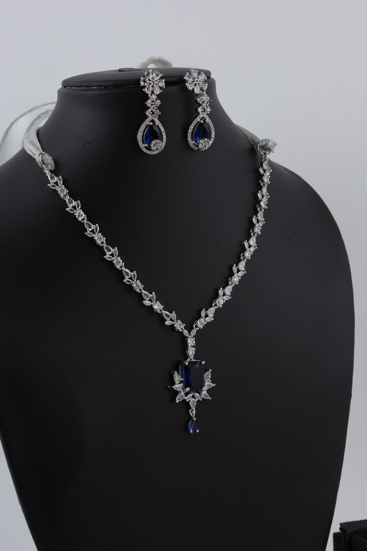 Blue Crystal Silver-Tone Necklace Set with Matching Drop Earrings