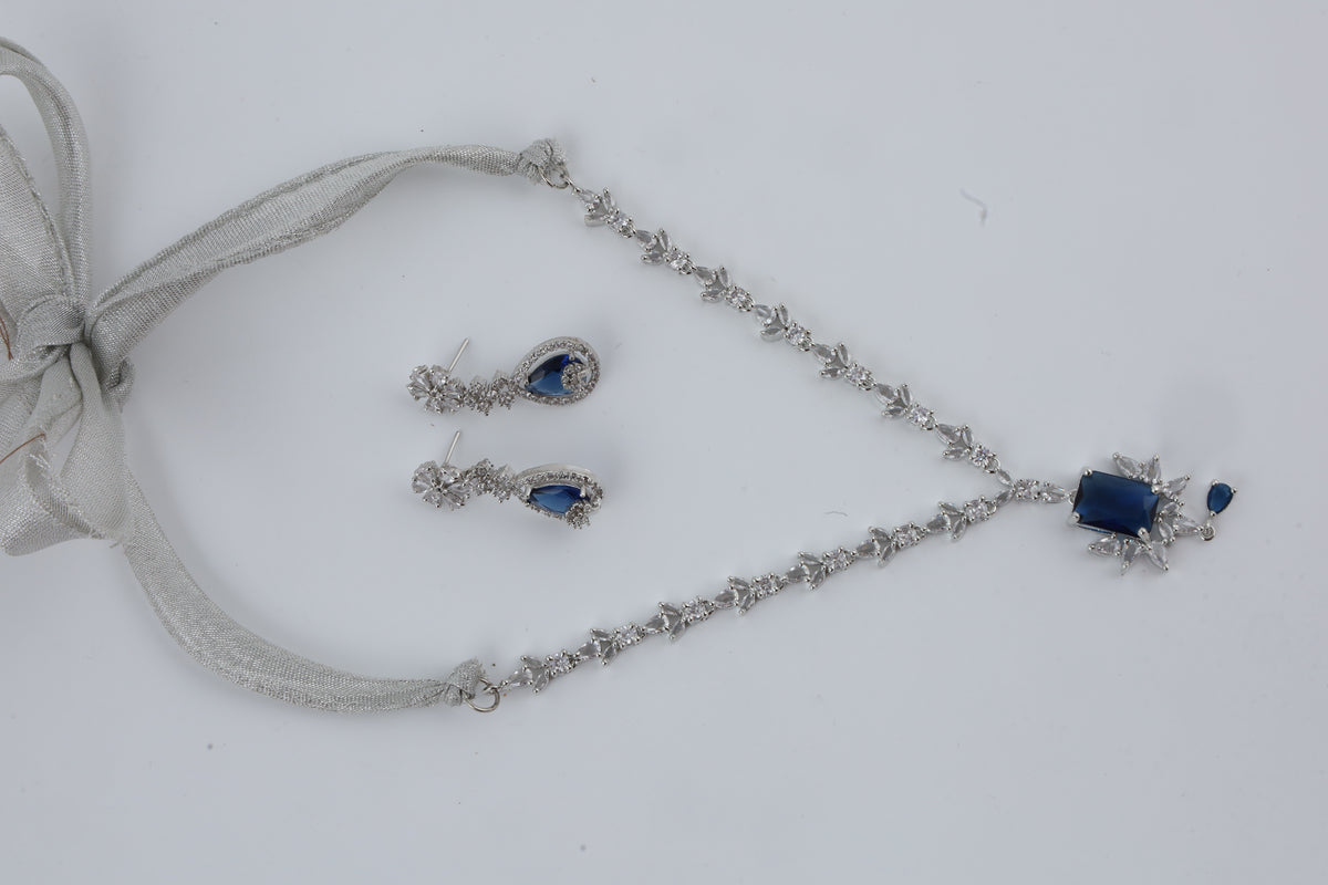 Blue Crystal Silver-Tone Necklace Set with Matching Drop Earrings