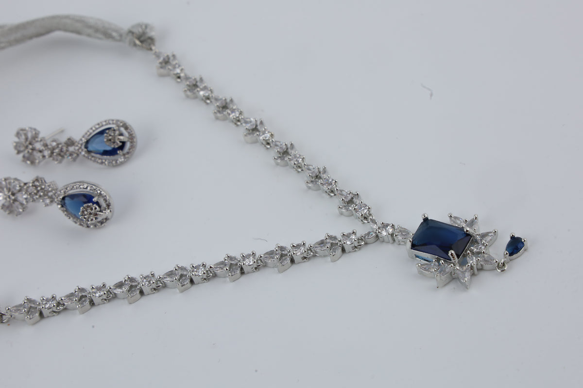 Blue Crystal Silver-Tone Necklace Set with Matching Drop Earrings