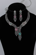 Pink and Teal Crystal Silver-Tone Necklace Set with Matching Earrings