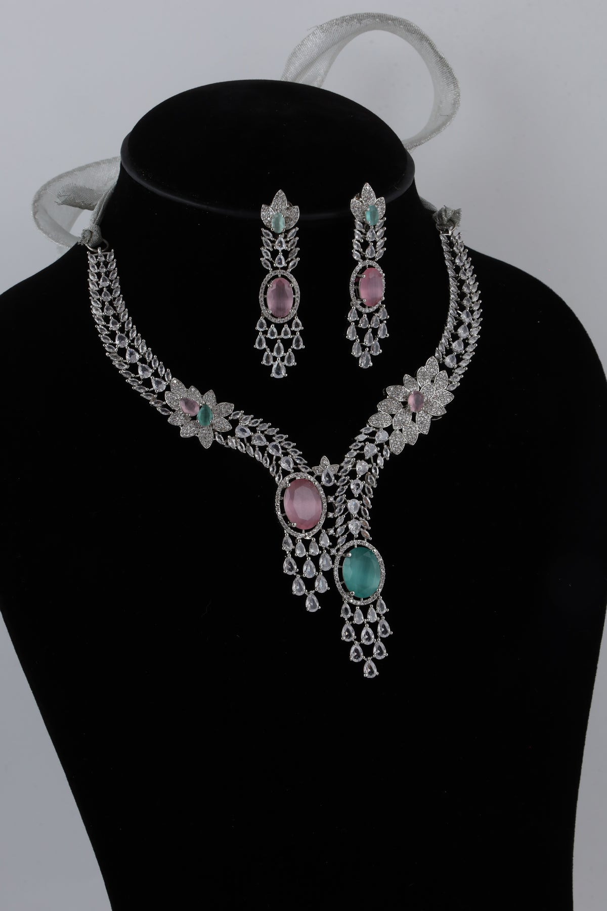 Pink and Teal Crystal Silver-Tone Necklace Set with Matching Earrings