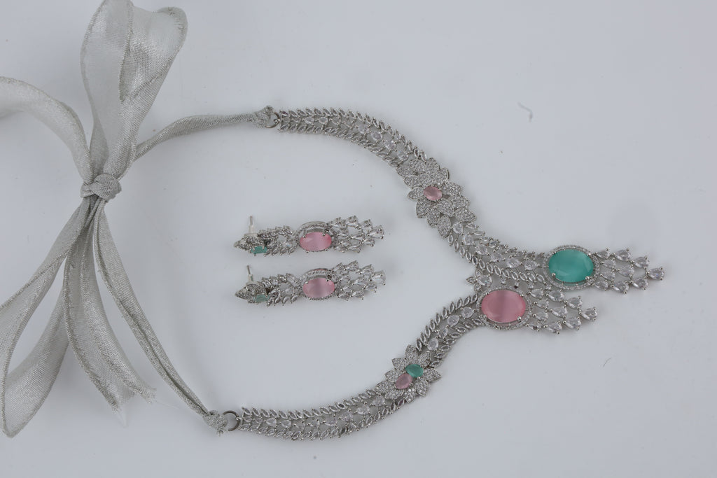 Pink and Teal Crystal Silver-Tone Necklace Set with Matching Earrings