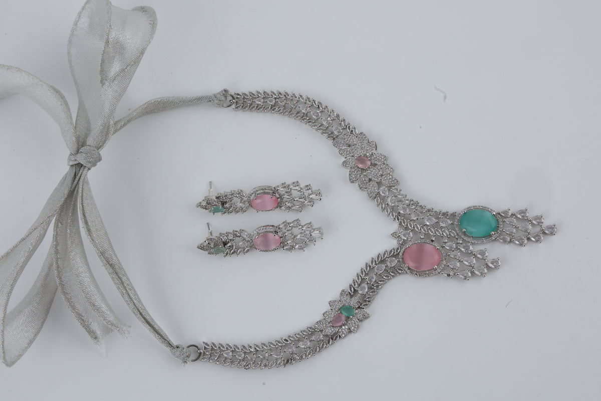 Pink and Teal Crystal Silver-Tone Necklace Set with Matching Earrings