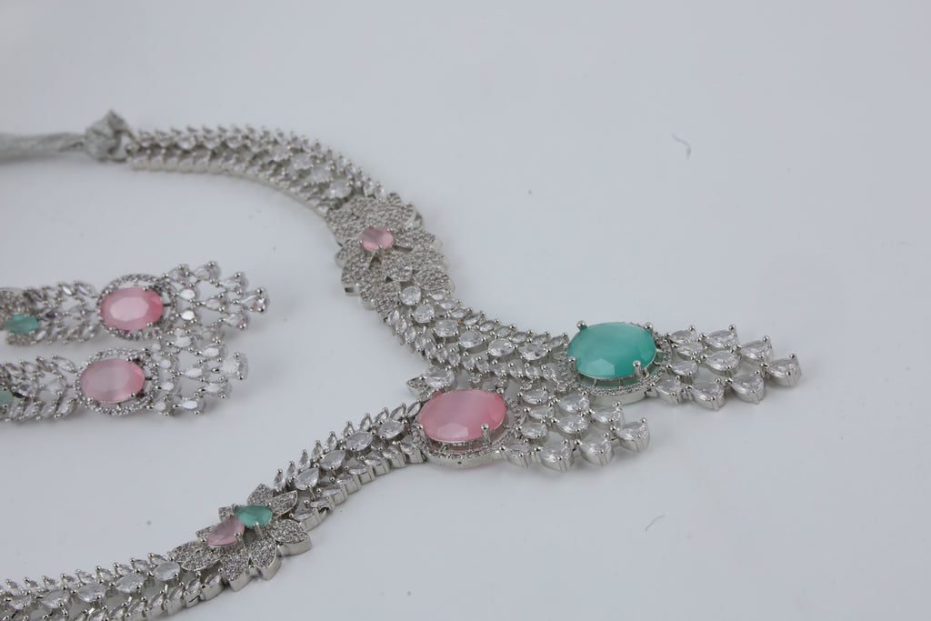 Pink and Teal Crystal Silver-Tone Necklace Set with Matching Earrings