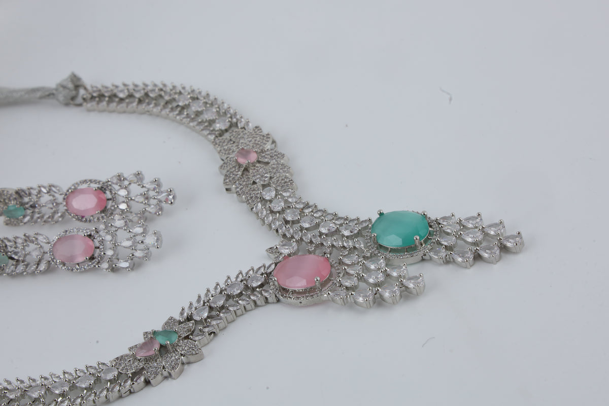 Pink and Teal Crystal Silver-Tone Necklace Set with Matching Earrings