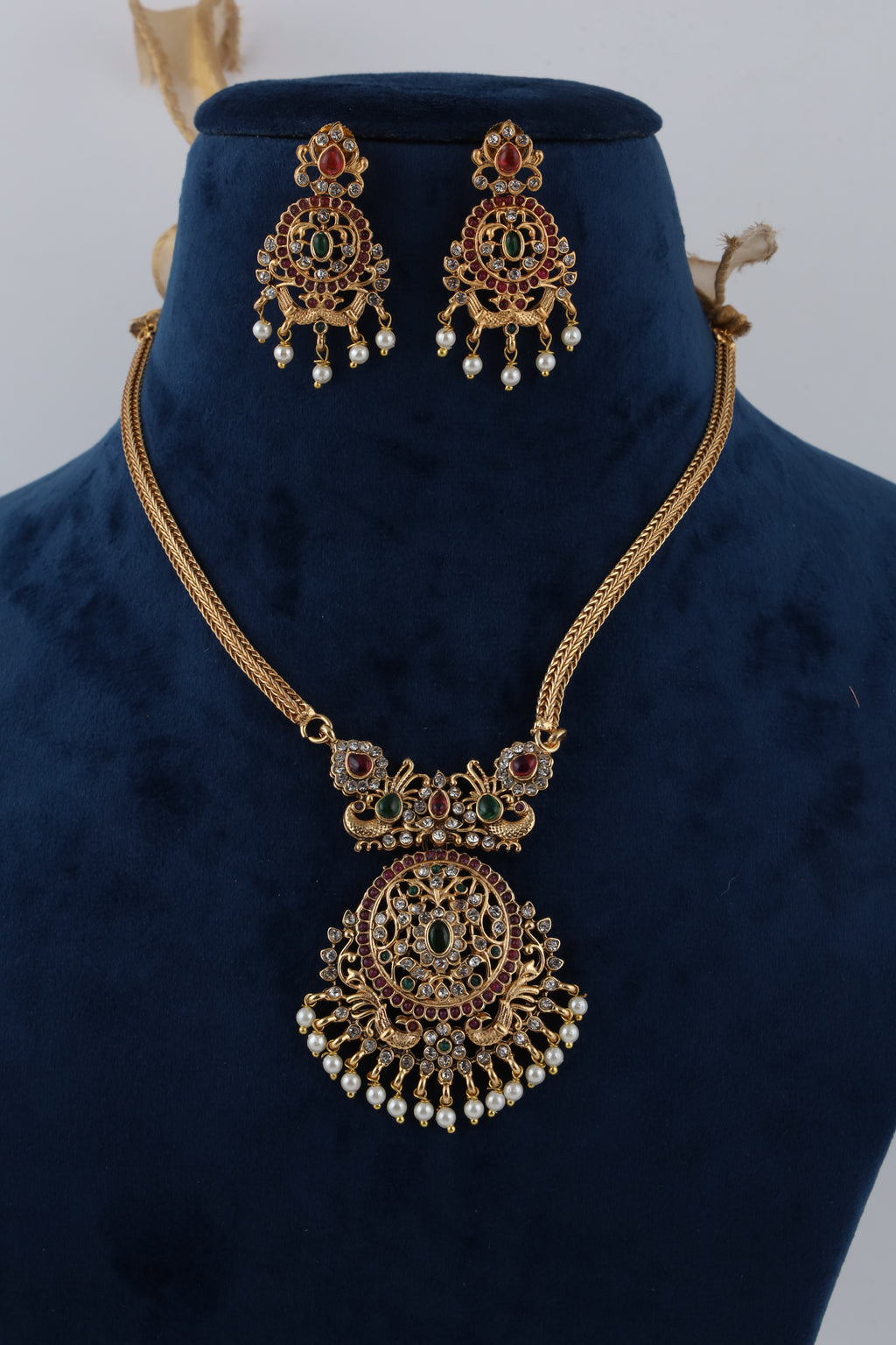 Traditional Gold-Tone Kundan Necklace Set with Pearl Drops