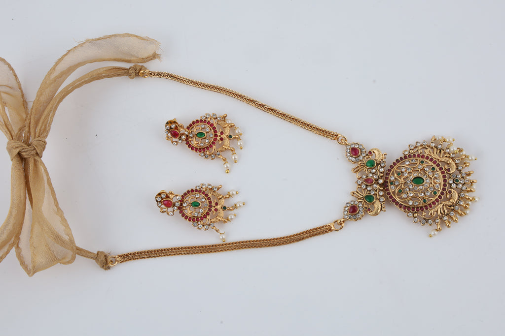 Traditional Gold-Tone Kundan Necklace Set with Pearl Drops