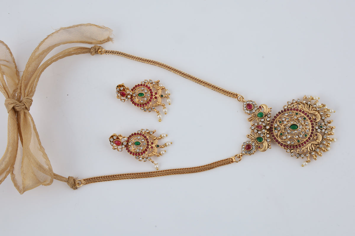 Traditional Gold-Tone Kundan Necklace Set with Pearl Drops