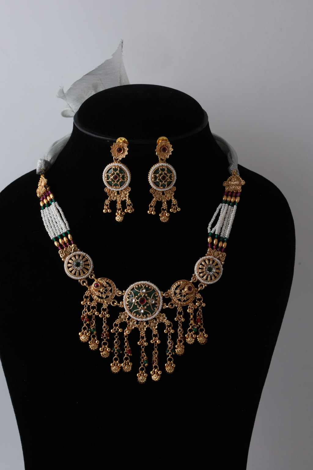 Traditional Gold-Tone Kundan Necklace Set with Multicolour Beads