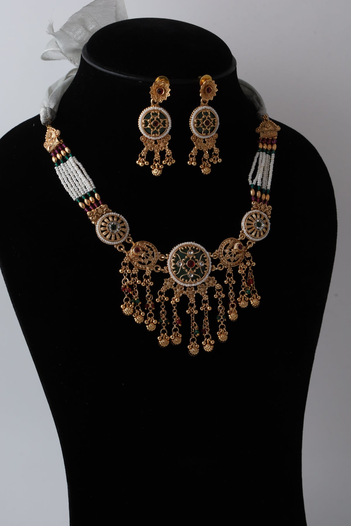 Traditional Gold-Tone Kundan Necklace Set with Multicolour Beads