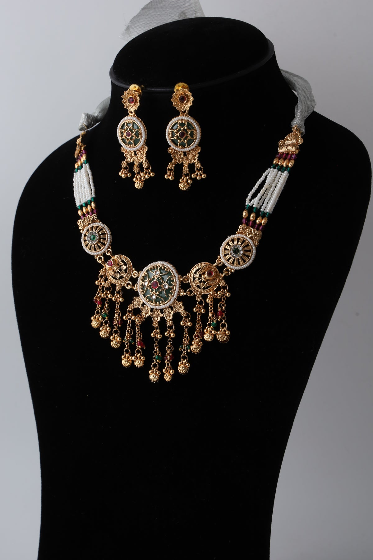 Traditional Gold-Tone Kundan Necklace Set with Multicolour Beads
