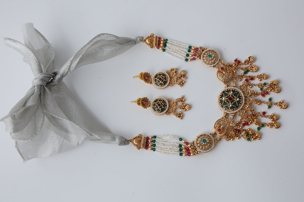 Traditional Gold-Tone Kundan Necklace Set with Multicolour Beads