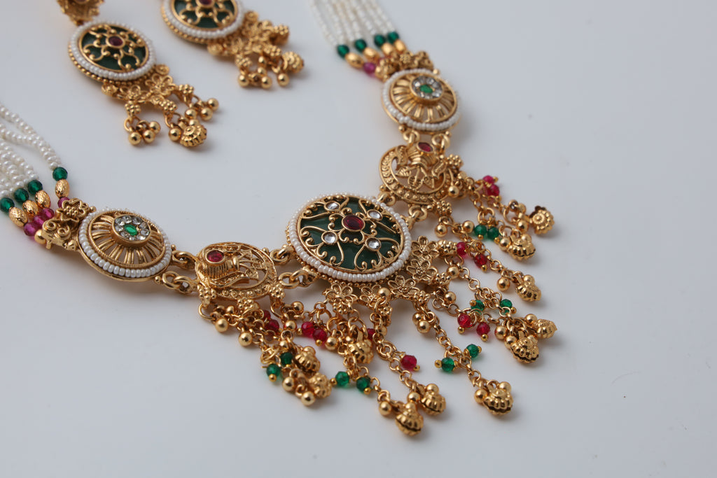 Traditional Gold-Tone Kundan Necklace Set with Multicolour Beads