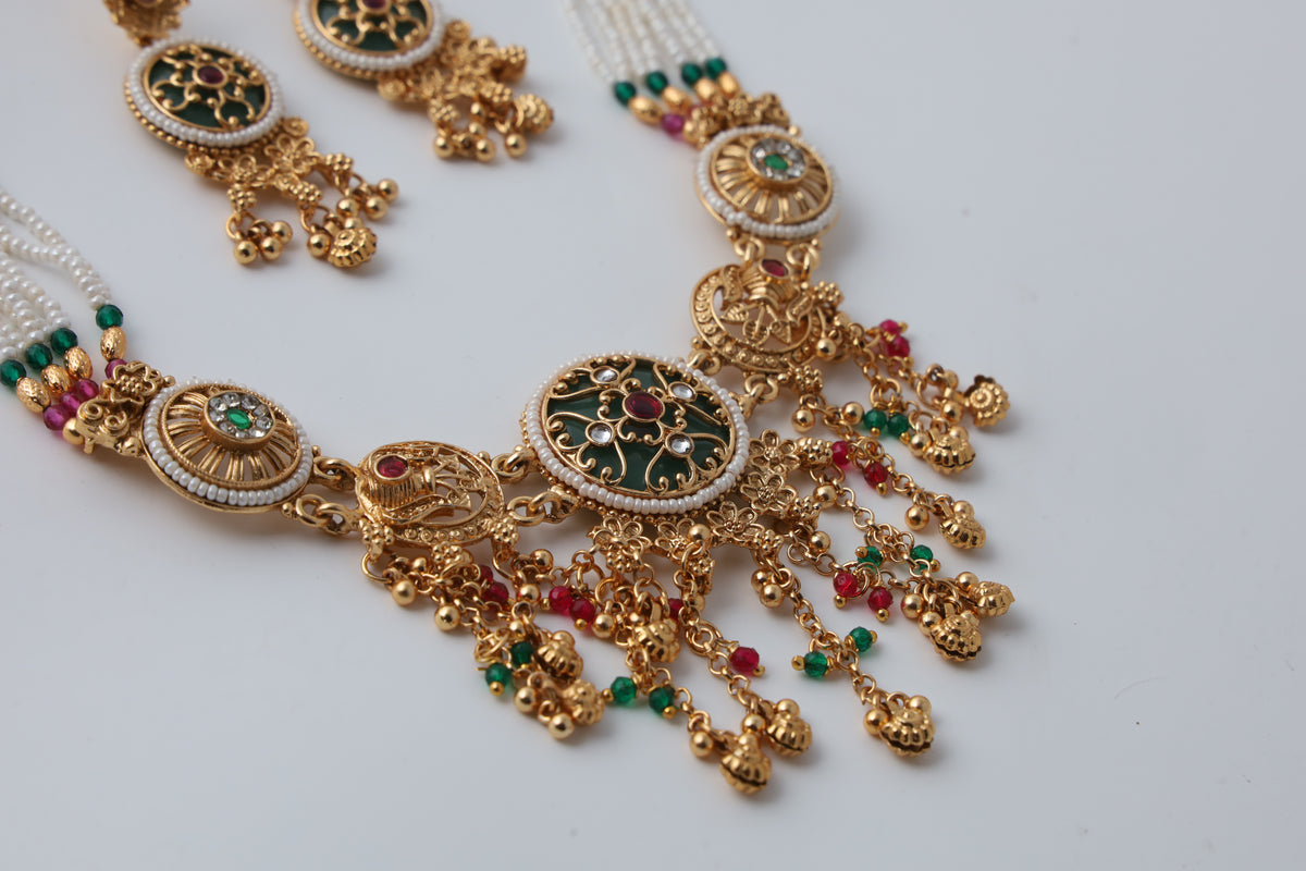 Traditional Gold-Tone Kundan Necklace Set with Multicolour Beads