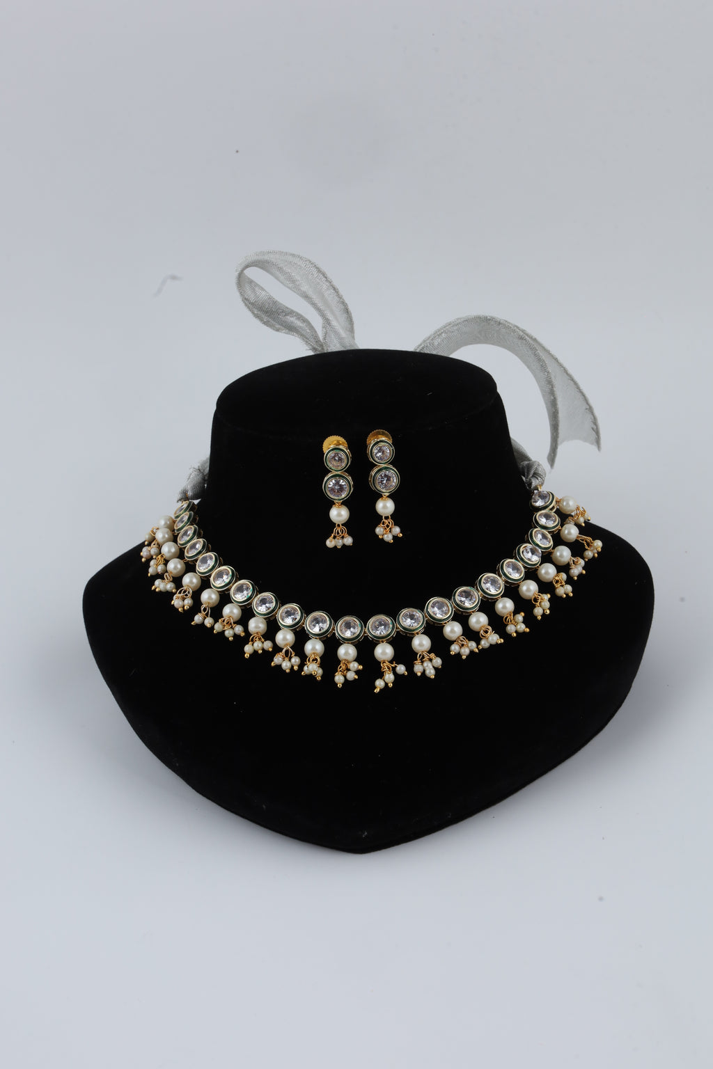 Gold-Tone Kundan Pearl Choker Necklace Set with Matching Earrings