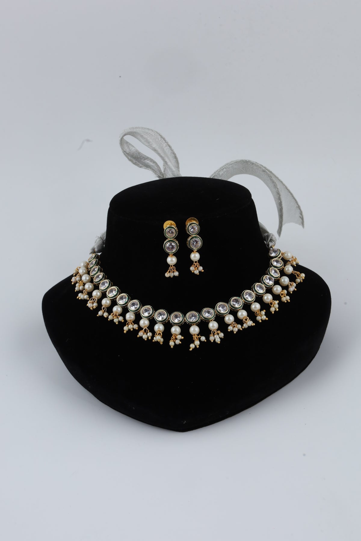 Gold-Tone Kundan Pearl Choker Necklace Set with Matching Earrings