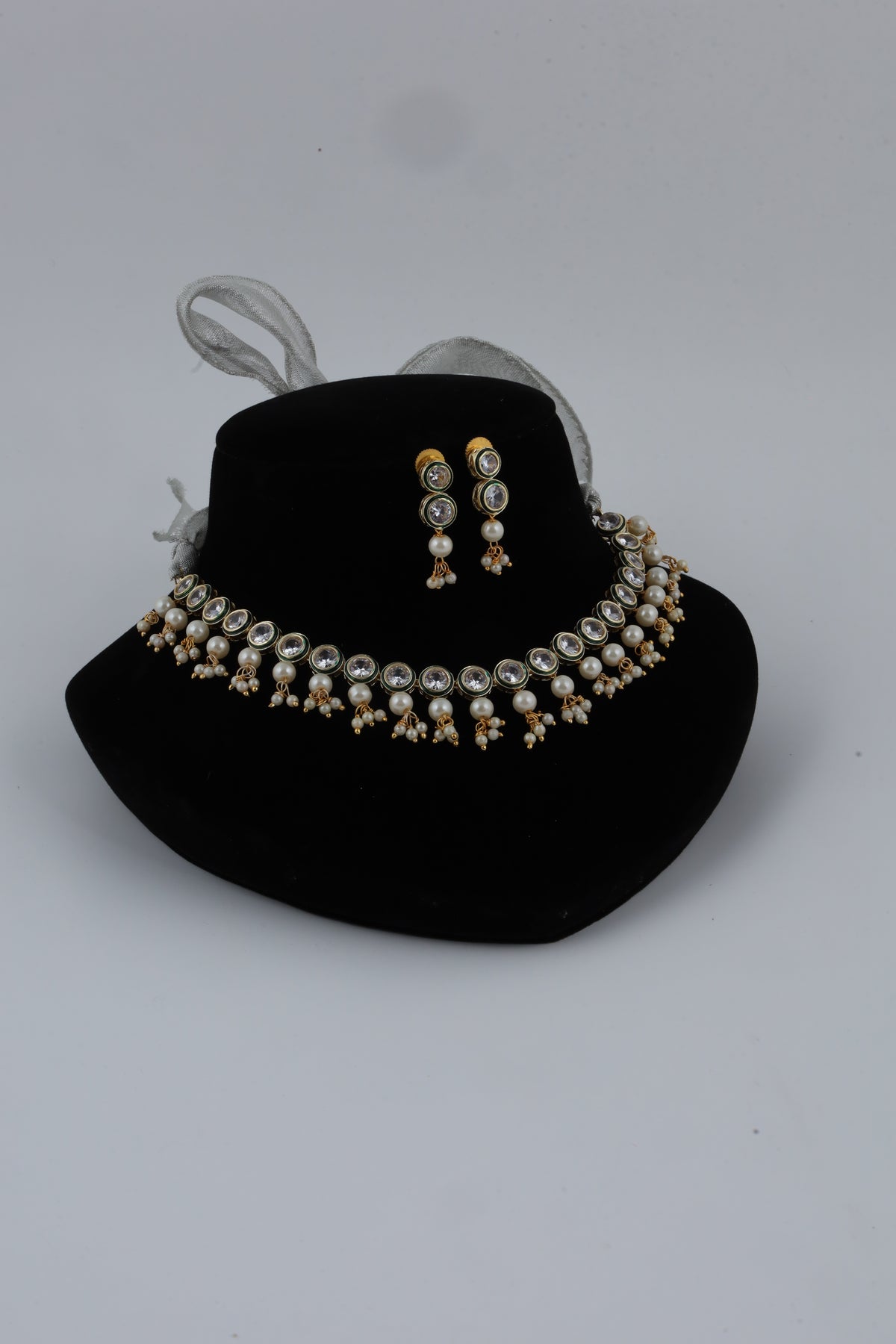 Gold-Tone Kundan Pearl Choker Necklace Set with Matching Earrings