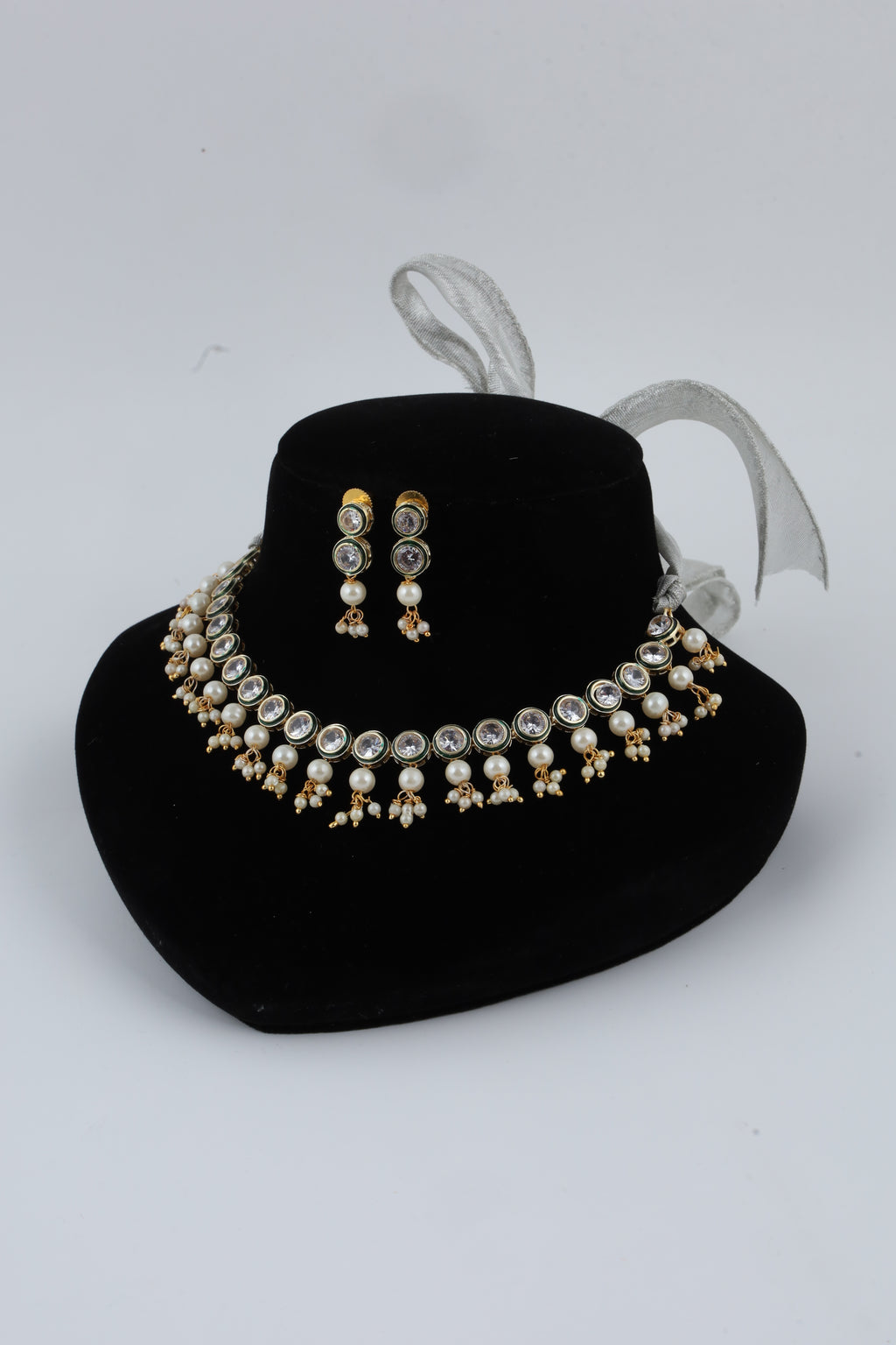 Gold-Tone Kundan Pearl Choker Necklace Set with Matching Earrings
