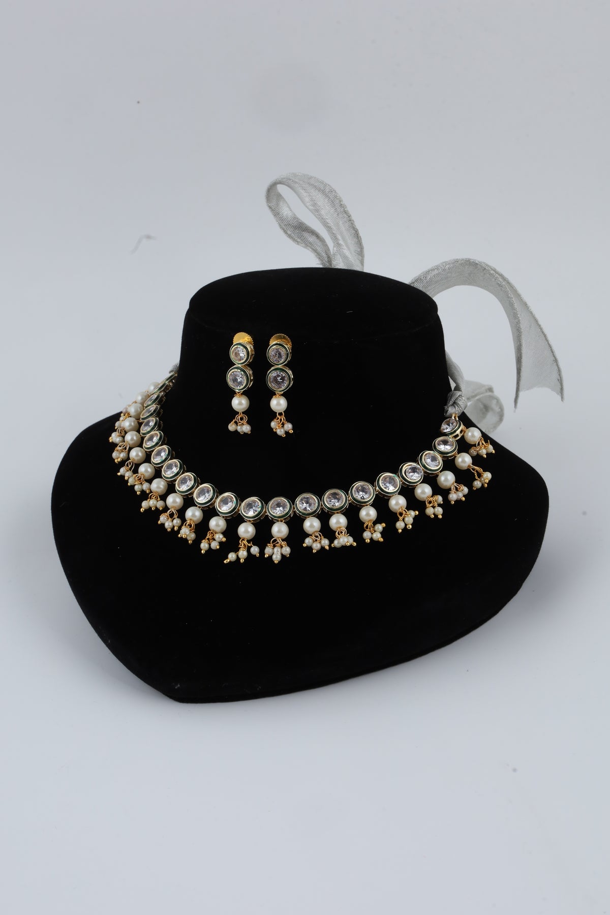 Gold-Tone Kundan Pearl Choker Necklace Set with Matching Earrings