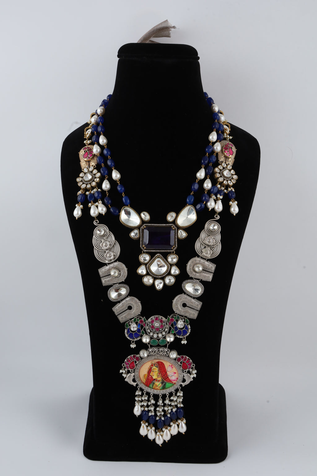 Traditional Multicolour Temple Statement Necklace with Blue Beads