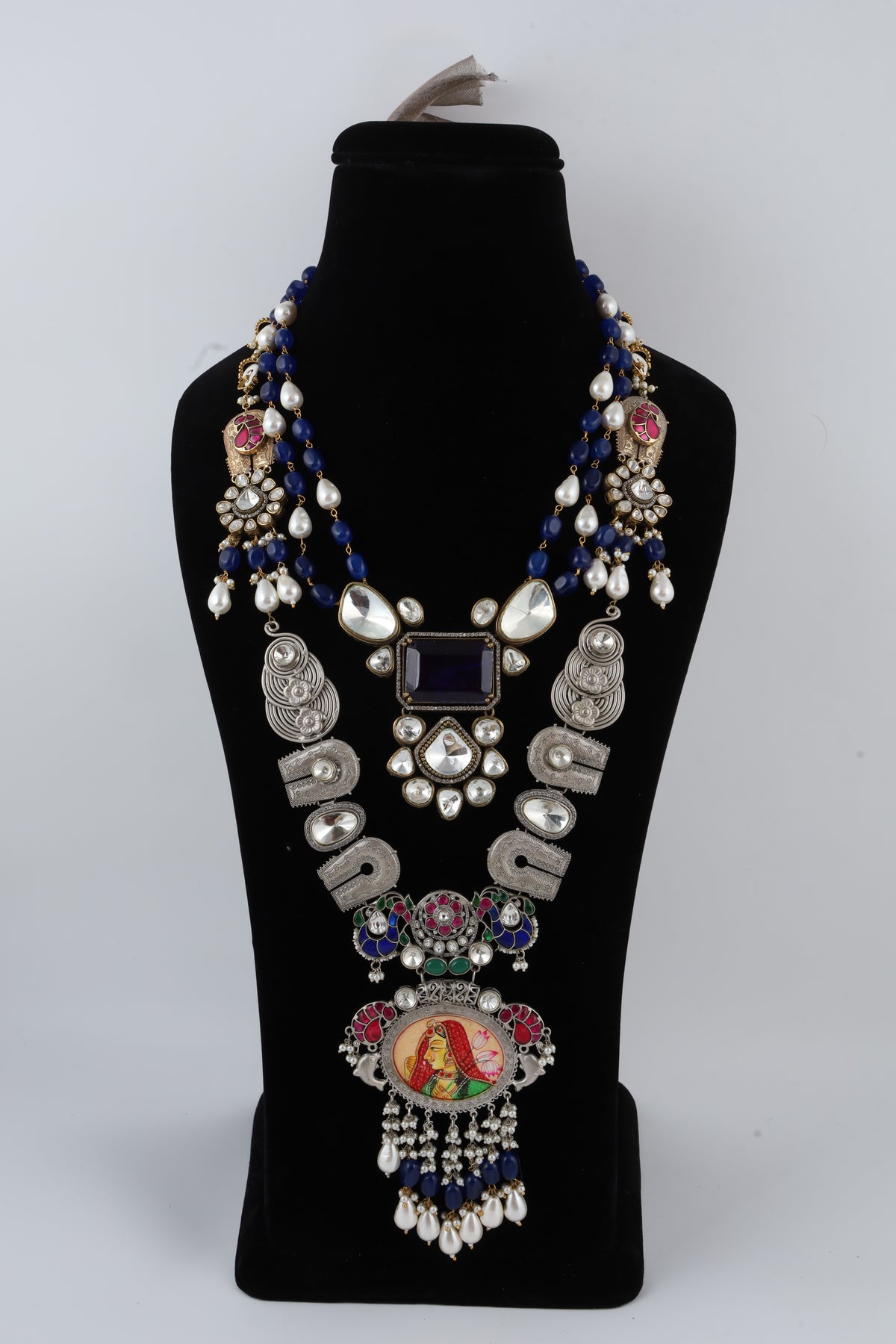 Traditional Multicolour Temple Statement Necklace with Blue Beads