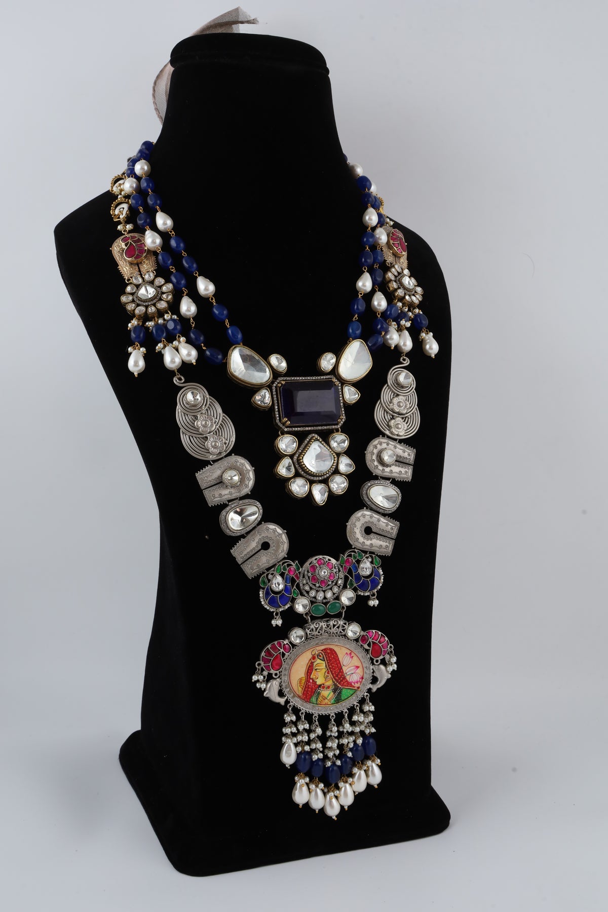 Traditional Multicolour Temple Statement Necklace with Blue Beads