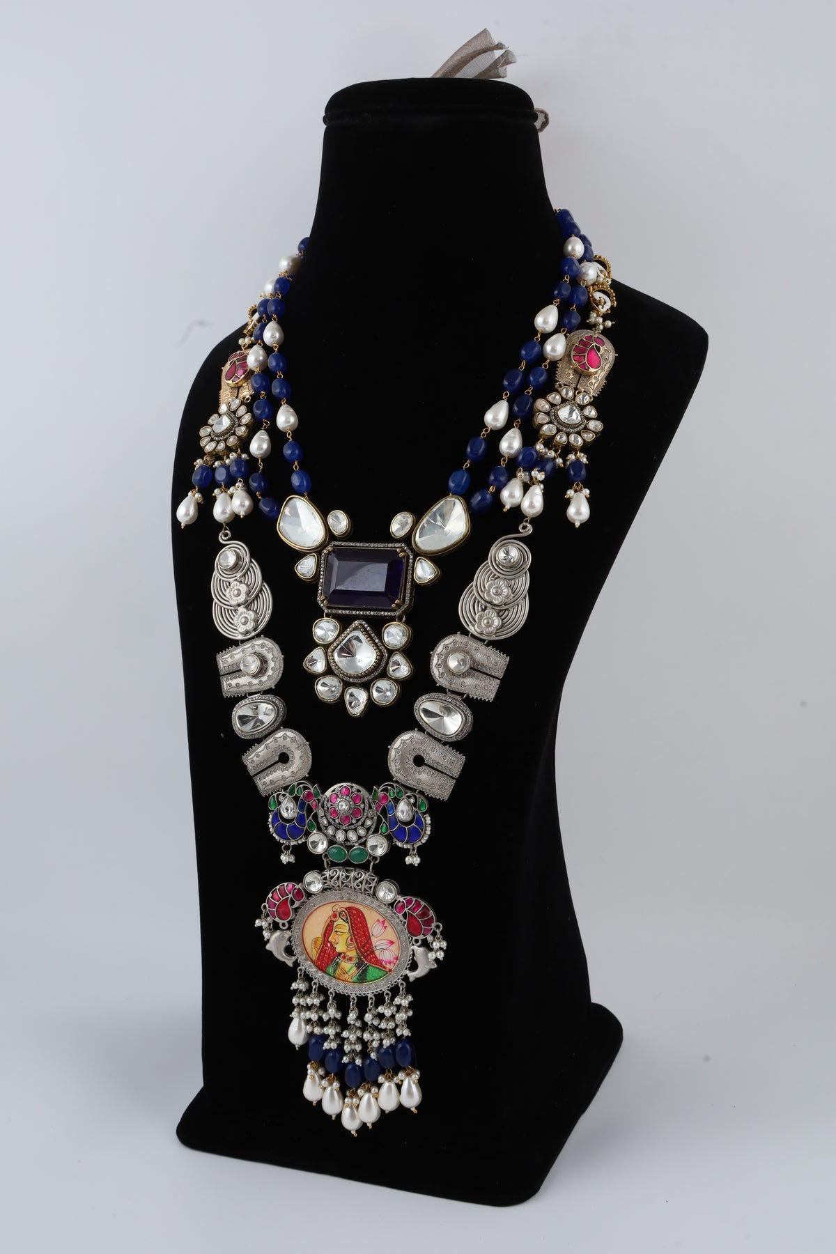 Traditional Multicolour Temple Statement Necklace with Blue Beads