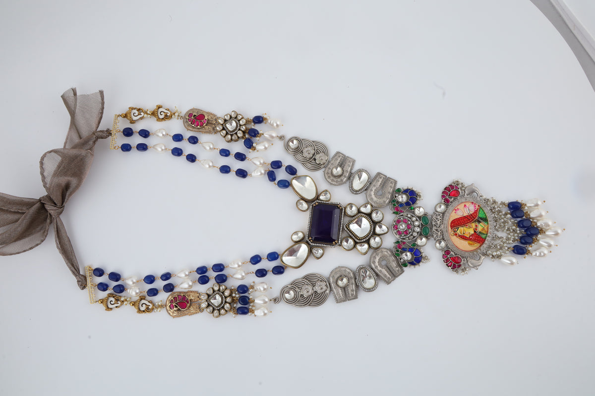 Traditional Multicolour Temple Statement Necklace with Blue Beads