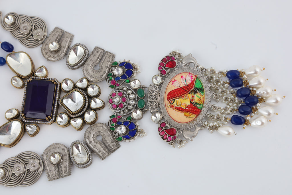Traditional Multicolour Temple Statement Necklace with Blue Beads