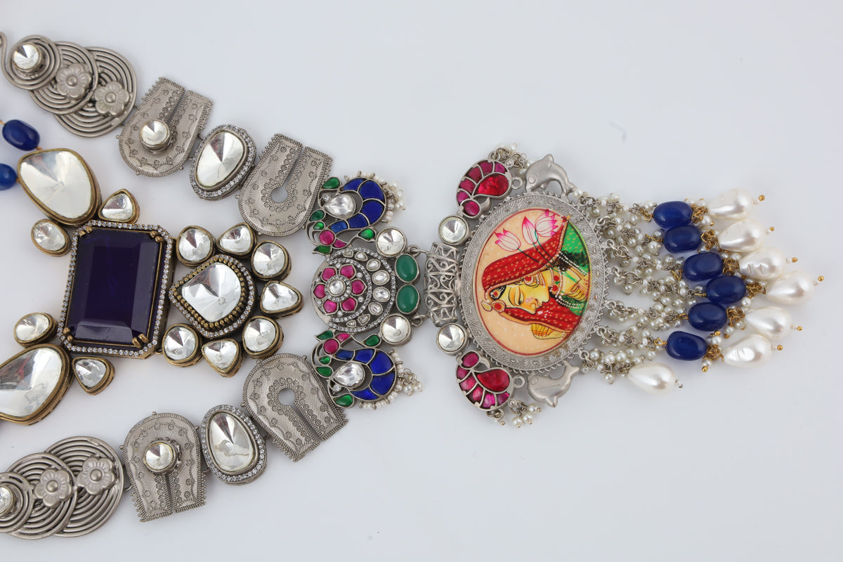 Traditional Multicolour Temple Statement Necklace with Blue Beads