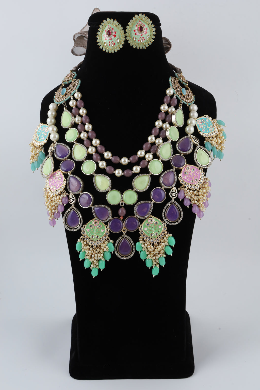 Multicolour Kundan Statement Necklace Set with Matching Earrings