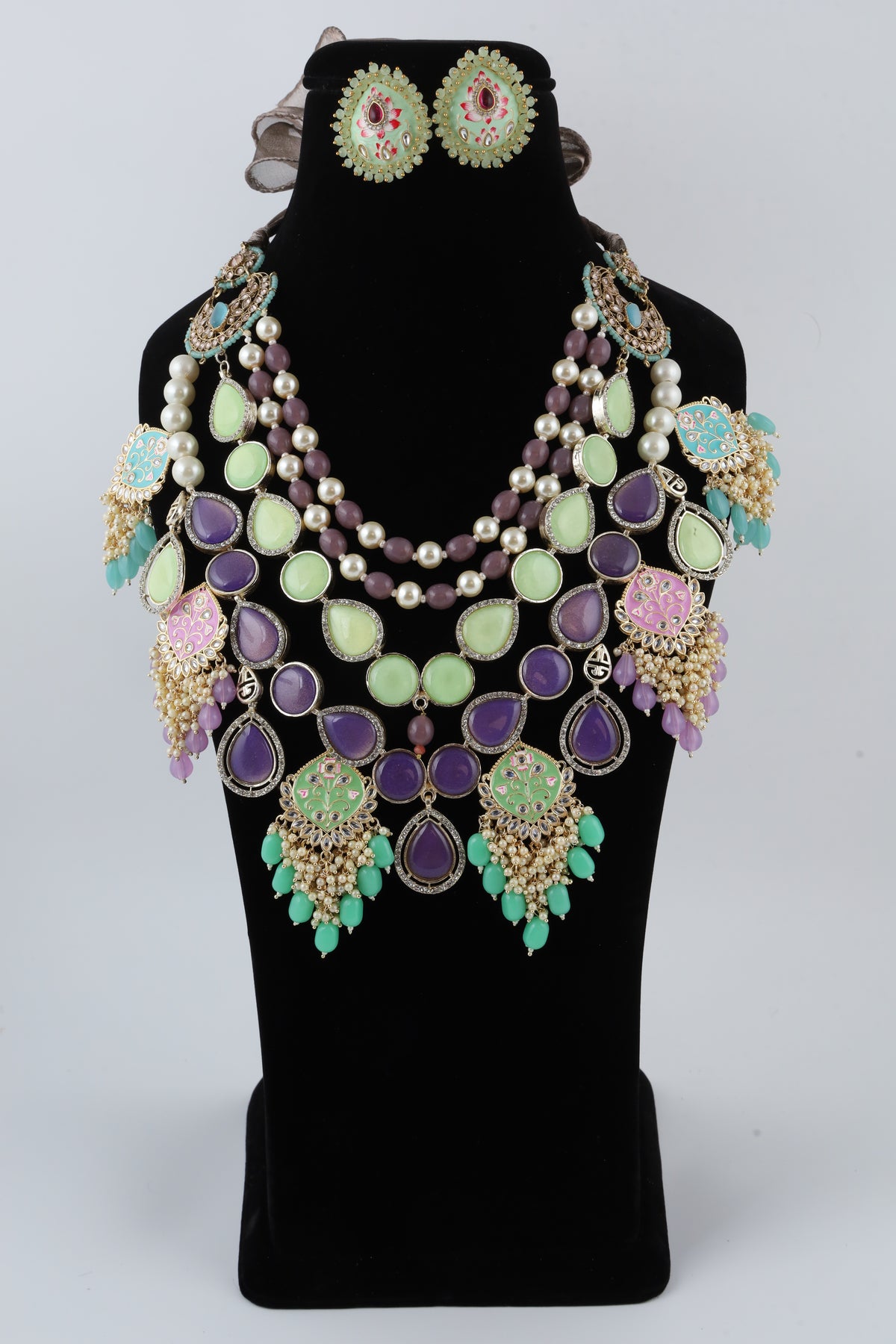 Multicolour Kundan Statement Necklace Set with Matching Earrings