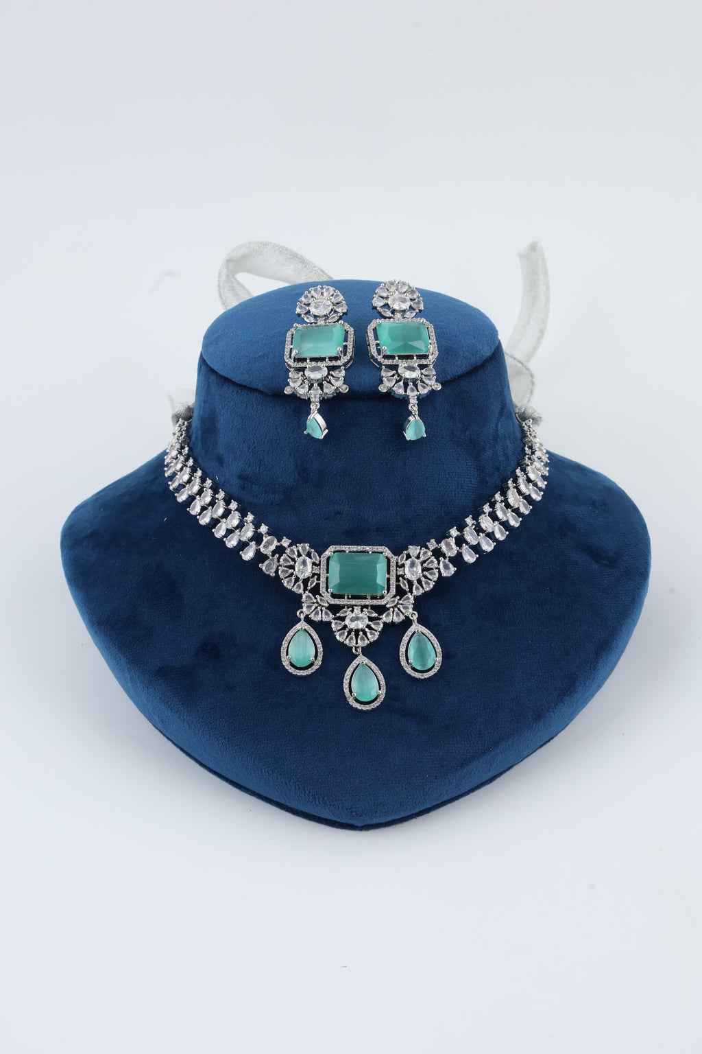 Aqua Green Crystal Silver-Tone Necklace Set with Matching Earrings