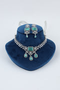 Aqua Green Crystal Silver-Tone Necklace Set with Matching Earrings