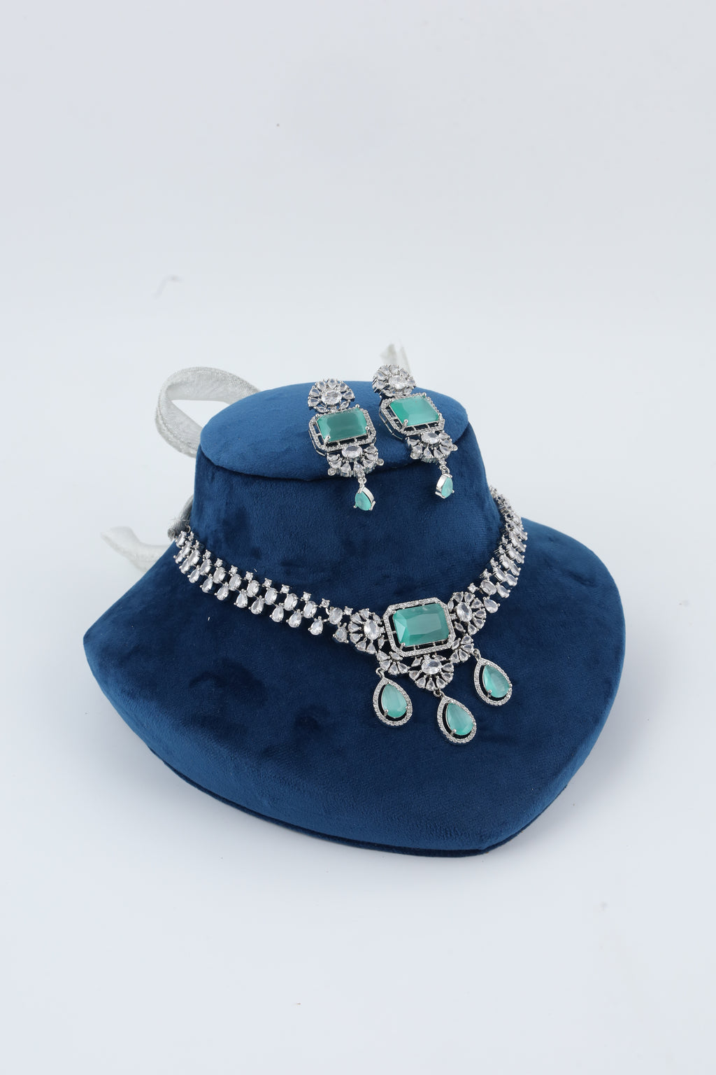 Aqua Green Crystal Silver-Tone Necklace Set with Matching Earrings