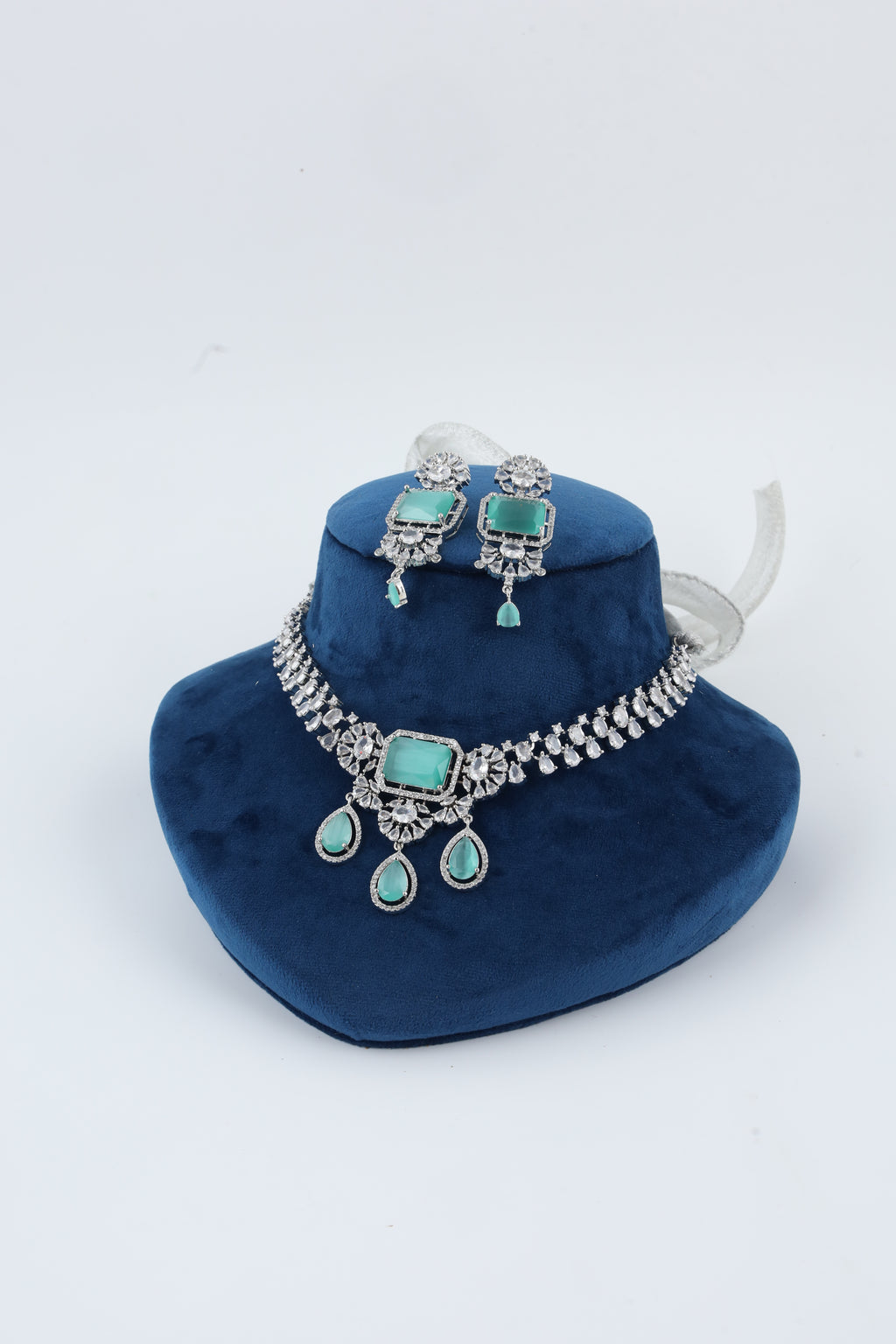 Aqua Green Crystal Silver-Tone Necklace Set with Matching Earrings