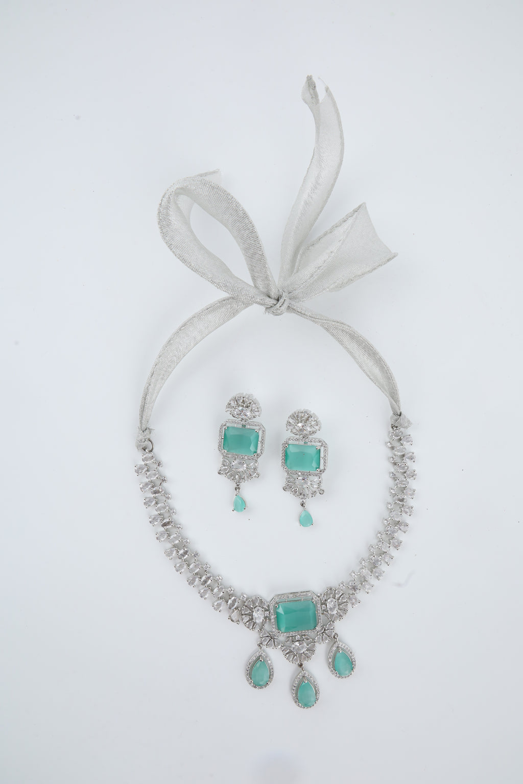 Aqua Green Crystal Silver-Tone Necklace Set with Matching Earrings