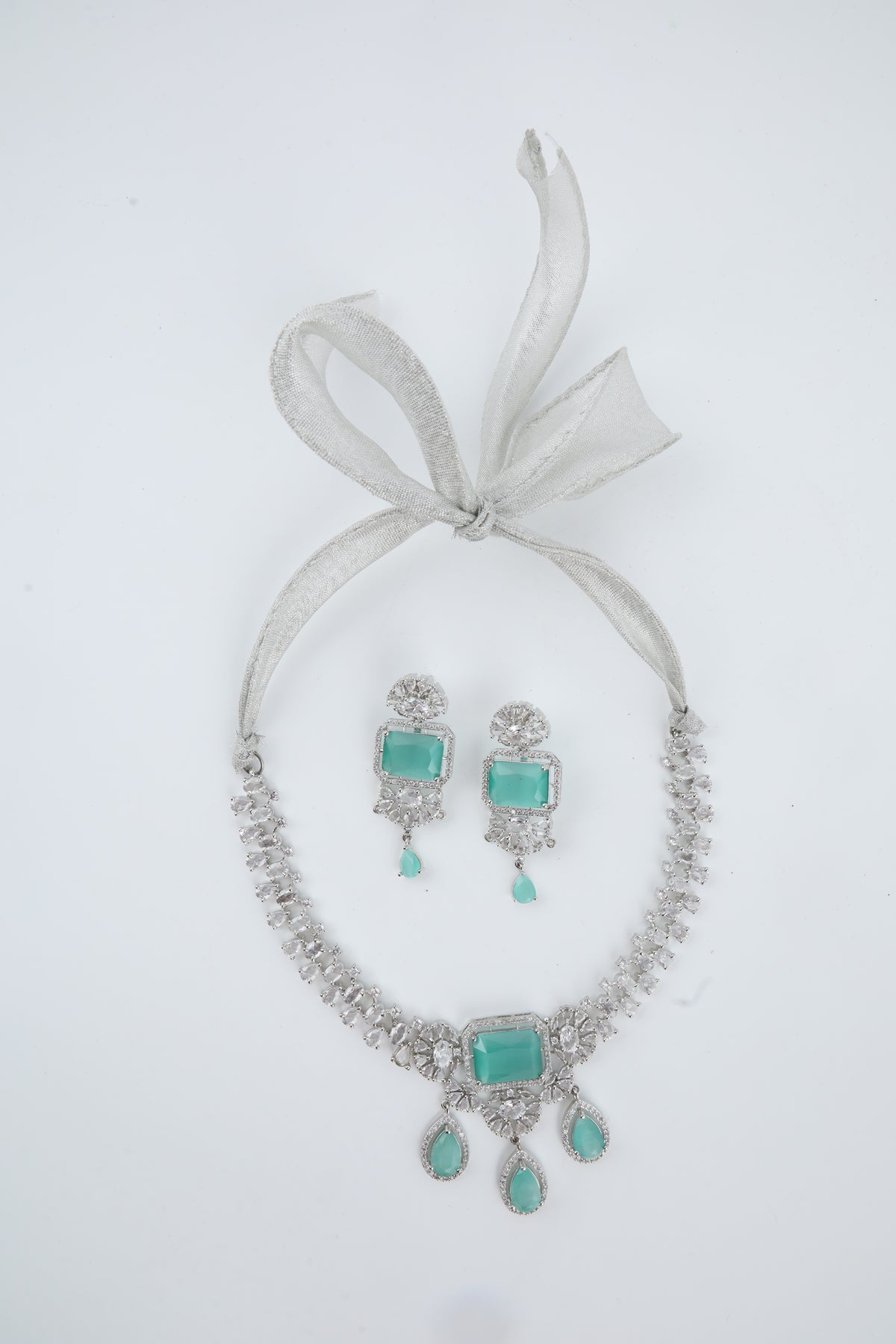 Aqua Green Crystal Silver-Tone Necklace Set with Matching Earrings